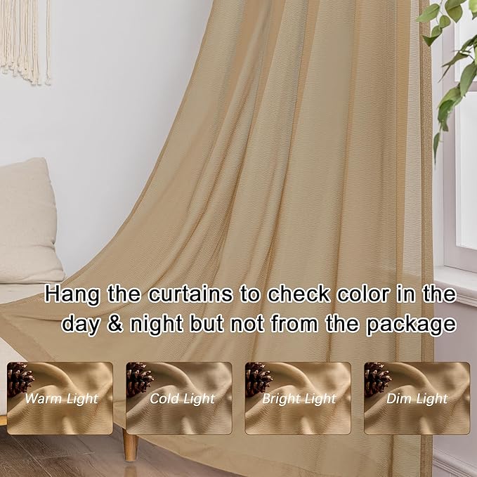 MAIHER 90 Inch Length Pinch Pleat Sheer Curtains for Bedroom Living Room Soft Touch Voile Light Filtering Pleated Drapes with Adjustable Hooks, Khaki, 42" W x 90" L, 2 Panels