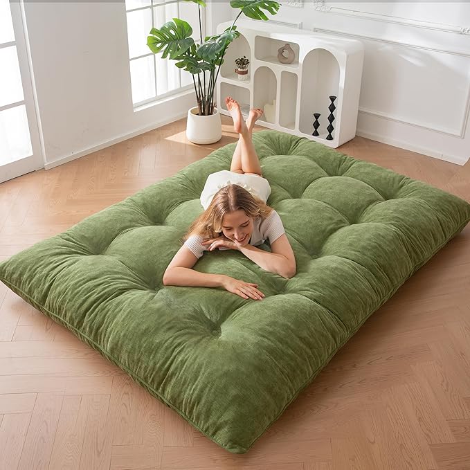 MAXYOYO Japanese Floor Mattress Queen Size, 6" Foldable Futon Mattress Tufted Roll Up Floor Bed, Thick Chenille Tatami Mat Sleeping Pad for Camping Guest Room Dormitory Bedroom RV, Green