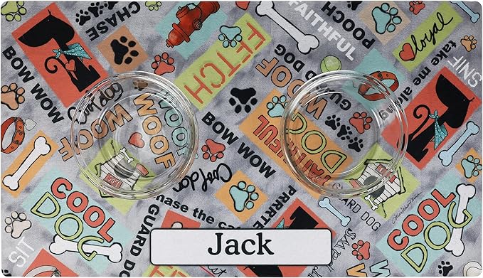Drymate Personalized Pet Bowl Placemat, Custom Dog & Cat Food Feeding Mat - Absorbent Fabric, Waterproof Backing - Machine Washable/Durable (USA Made) (16" x 28") (Cool Dog - Grey)
