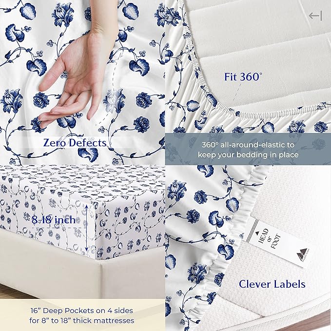 Mayfair Linen 100% Cotton Printed Bed Sheets Full Size Set - 500 Thread Count Cotton Sheets for Full Size Bed, 4 PC Set (Floral Blue), Cooling, Sateen Weave Hotel Quality 16" Deep Pocket Bedsheet