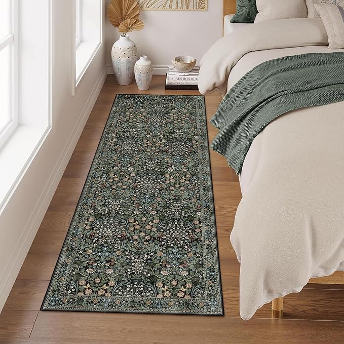 MUJOO Washable Runner Rug,Floral 2x6 Runners for Hallway Kitchen Bedroom Bedside Bathroom Laundry Room,Long Non Slip Throw Carpet Boho Indoor Botanical Vintage Ultra-Thin Black and Green
