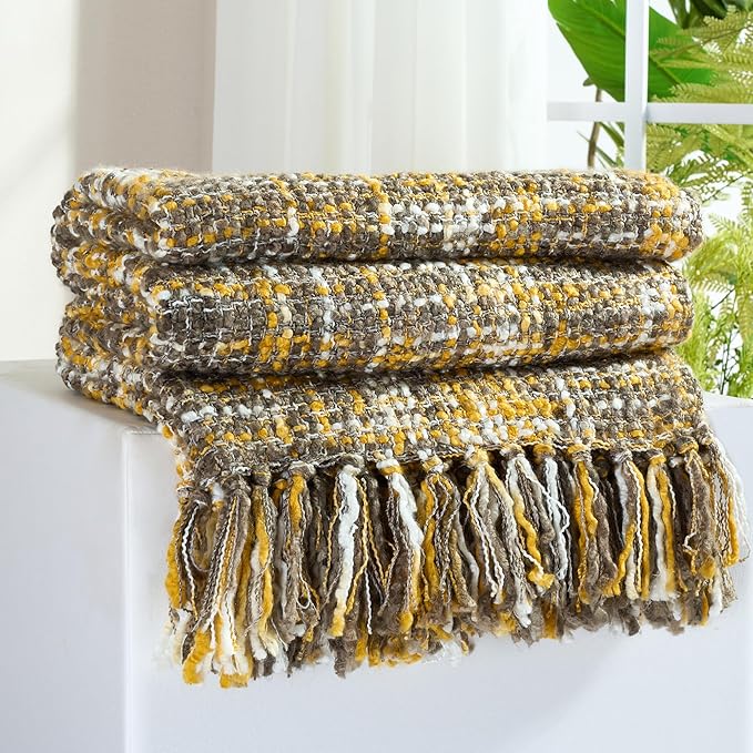 Multi-Color Gold Cable Knitted Throw Blanket for Couch,50"X60" Boho Style Textured Blankets for Home Decor,Super Soft Warm Cozy Chunky Knit Blanket with Decorative Tassels for Bed and Sofa