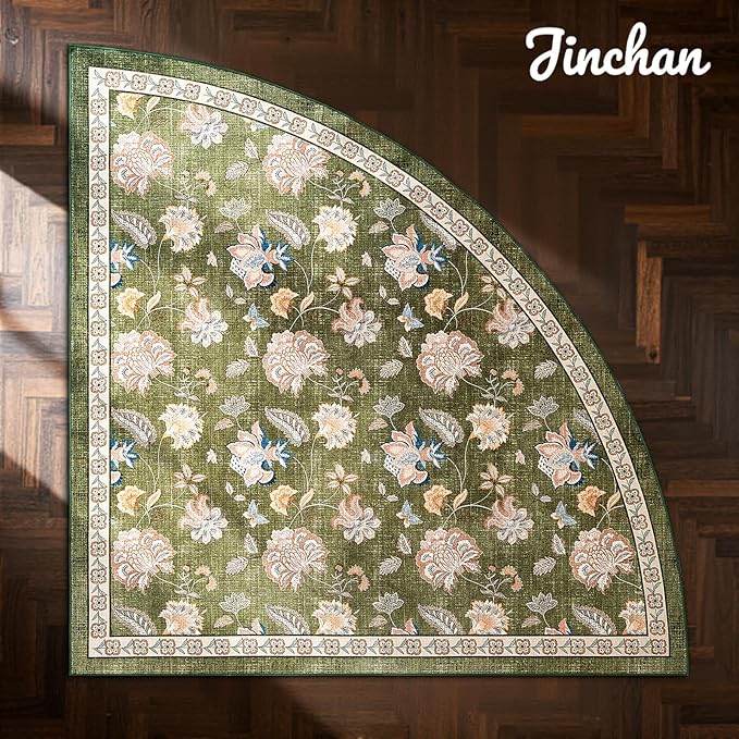 jinchan Elora Floral Corner Rug for Living Room Washable Rug Vintage Romance Christmas Design Non Slip Quarter Circle Lightweight Low-Pile Throw Carpet for Reading Nook Playroom, 8ft Radius, Green