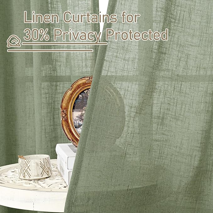LAMIT Short Linen Window Curtains 30 Inches Long 2 Panels, Sage Green Semi Sheer Light Filtering Panels Back Tab and Rod Pocket Neutral Drapes for Basement/Small Windows, 34 x 30 Inch