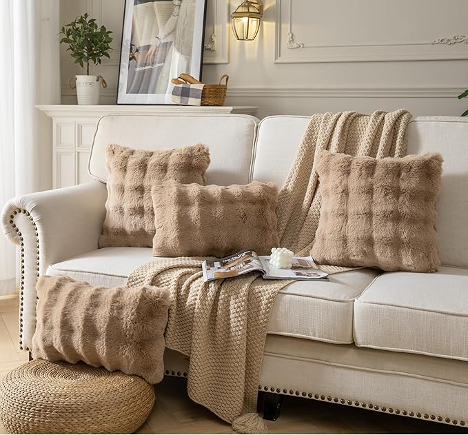 Pack of 2 Thick Plush Throw Pillow Covers Fluffy Wave Faux Fur Decorative Cushion Covers Soft Wool Pillowcase for Sofa Couch Livingroom 26x26 Inch Camel