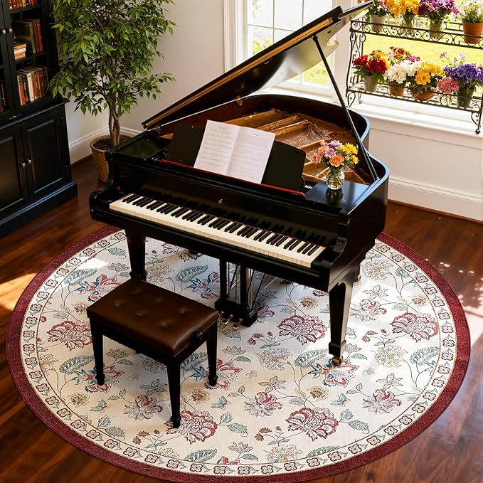 jinchan Elora 8ft Floral Round Rug for Washable Living Room Rug Vintage Romance Christmas Design Non Slip Indoor Floor Cover Lightweight Low-Profile Throw Carpet for Bedroom Porch, Red/Beige