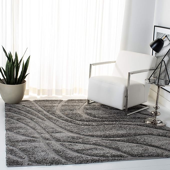 SAFAVIEH Florida Shag Collection Area Rug - 4' Square, Grey & Grey, Non-Shedding & Easy Care, 1.2-inch Thick Ideal for High Traffic Areas in Living Room, Bedroom (SG471-8080)