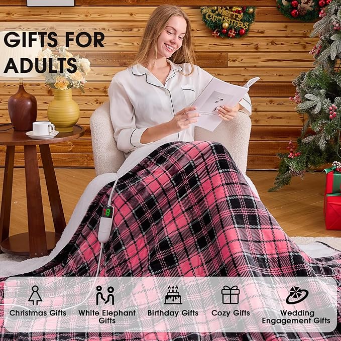 OCTROT Heated Blanket Electric, Twin Size 62X84, Heating Blanket with 10 Heating Levels & 8 Hours Auto Off, Pink Plaid Checkered Plaid Sherpa Blankets Warmer for Adults, Fast Heating Washable