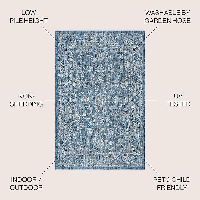 JONATHAN Y Weave Floral Indoor Outdoor Square Area Rug 9X9 Navy/Gray, Tela Bohemian Textured for Backyard, Patio, Porch, Easy-Cleaning, High Traffic, Pet-Friendly, Non-Shedding (SMB100B-9SQ)