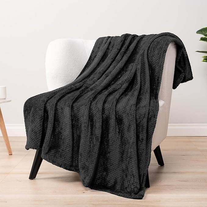 PAVILIA Black Throw Blanket for Couch, Twin Bed, Soft Fleece Throws for Sofa Chair, Fuzzy Waffle Textured Blanket, Cozy Warm Lightweight All Season Blanket Throw, 60x80