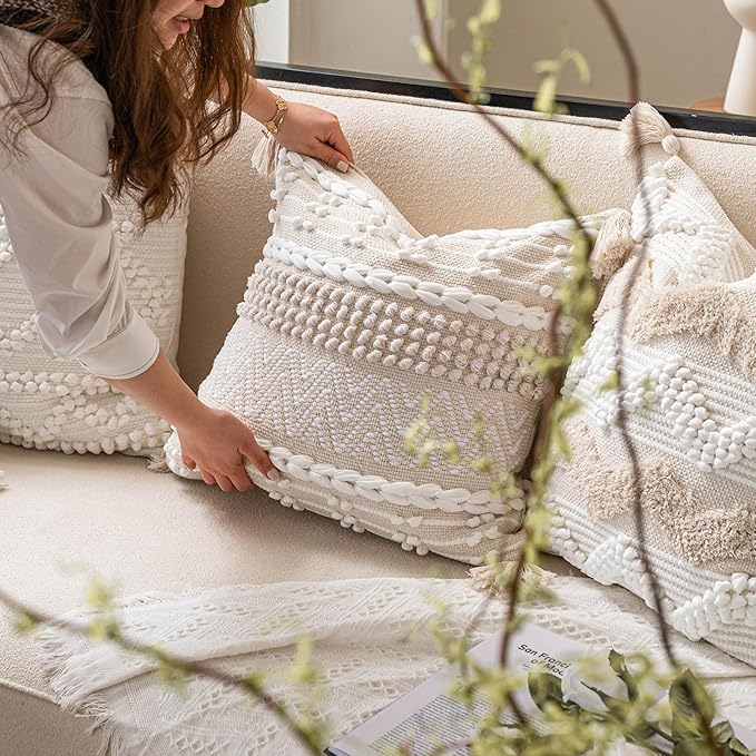 BlissBlush Boho Throw Pillow Cover 22X22, Large Decorative Accent Pillow for Couch, Square Woven Textured Pillowcase, Modern Boho Pillow for Bed, Bohemian Pillow Cover, Cream White (Pack of 1)