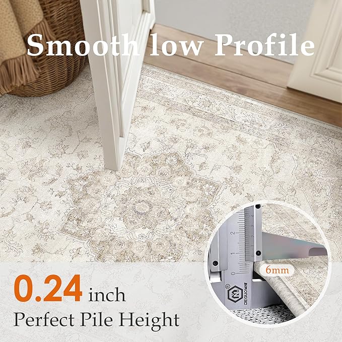 Beige Area Rug 4x6 Washable Vintage Carpet for Office Living Room Soft Retro Low Pile Thin Indoor Rug Non Slip Oriental Medallion Floor Cover for Bedroom Kitchen Dining Room