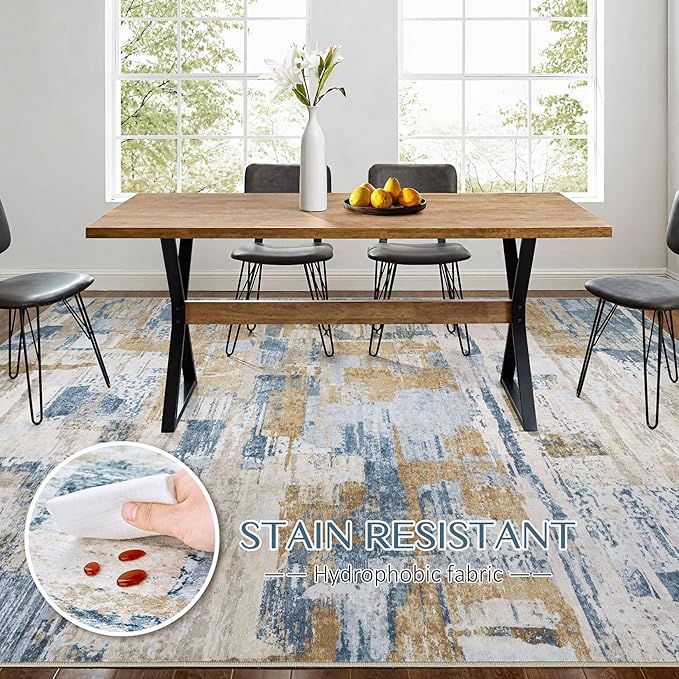 Abstract Living Room Rug 10x12 - Modern Washable Soft Thin Area Rug for Living Room Bedroom Under Dining Table - Neutral Indoor Floor Rug Carpets for Home Office Playroom Nursery - Blue Gold