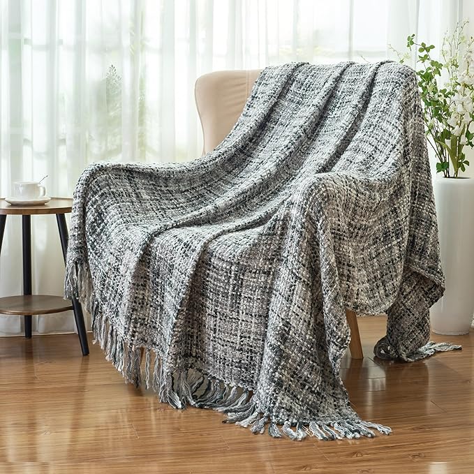 Multi-Color Grey Cable Knitted Throw Blanket for Couch,60"X80" Boho Style Textured Blankets for Home Decor,Super Soft Warm Cozy Chunky Knit Blanket with Decorative Tassels for Bed and Sofa