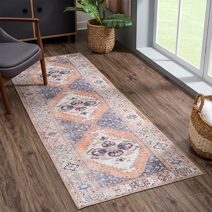 Bloom Rugs Washable 12 ft Runner - Orange / Blue / Beige Traditional Persian Runner for Entryway, Hallway, Bathroom, and Kitchen - Exact Size: 2'5" x 12"
