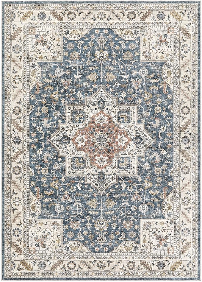 Vintage Living Room Area Rug 7x9 - Large Soft Washable Oriental Traditional Distressed Farmhouse Rugs for Bedroom - Indoor Floor Accent Carpet for Home Office House Decor - Vintage Blue