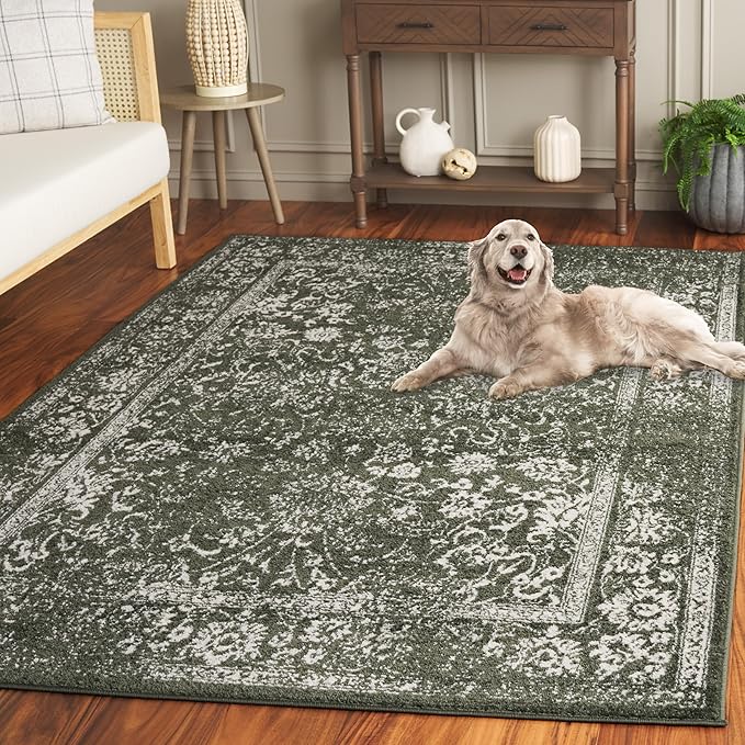 SAFAVIEH Area Rug 4x6 - Adirondack Collection - Dark Green & Ivory, Distressed Vintage Floral Design, Non-Shedding & Easy to Clean, Ideal for Living Room, Bedroom, Dining Space (ADR109Y)