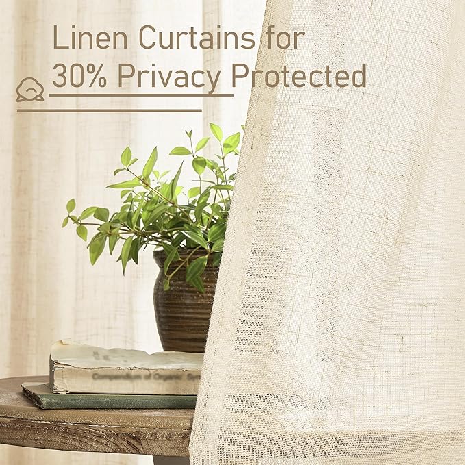 LAMIT Beige Linen Curtains for Living Room 84 inch Length, Light Filtering Semi Sheer Panels Back Tab and Rod Pocket Neutral Drapes for Bedroom, 2 Panels, 34 x 84 Inch