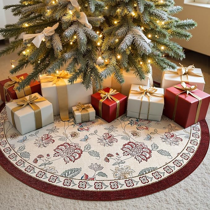 jinchan Elora 4ft Floral Round Rug for Entryway Washable Rug Vintage Romance Christmas Design Non Slip Indoor Doormat Lightweight Low-Profile Throw Carpet for Living Room Dining Room, Red/Beige