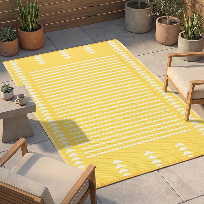 FH Home Outdoor Rug - Waterproof, Fade Resistant, Crease-Free - Premium Recycled Plastic - Geometric - Patio, Porch, Deck, Balcony - Hampton Stripe - Yellow Crease Free - 5 x 8 ft
