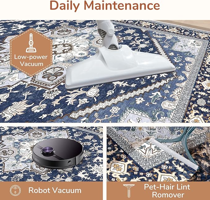 OPPODREAM Thin 8x10 Area Rugs, Washable Rugs 8x10 with Non Slip Backing, Faux Cashmere Low-Pile 8 x 10 Carpet, Navy Blue & Gold