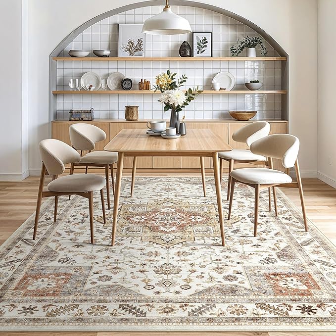 Vintage Living Room Area Rug 8x10 - Large Soft Washable Oriental Traditional Distressed Farmhouse Rugs for Bedroom - Indoor Floor Accent Carpet for Home Office House Decor - Golden Taupe