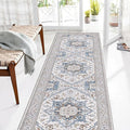 OPPODREAM Thin Entryway Rug 2x8, 2x8 Rug Runner, Neutral Washable Hallways Carpet 2 x 8 with Non Slip Backing, Low-Pile Bedside Carpet 2 x 8, Long, Faux Cashmere, Cream White & Blue & Light Brown