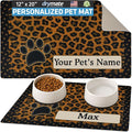 Drymate Personalized Pet Bowl Placemat, Custom Dog & Cat Food Feeding Mat - Absorbent Fabric, Waterproof Backing - Machine Washable/Durable (USA Made) (12" x 20") (Leopard Tan)