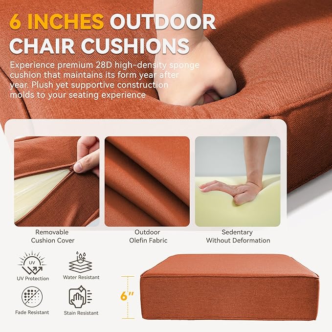 Outdoor Cushion Set for Furniture Patio Furniture, UV Resistant, Water Resistant - 6 Inch Thick Foam Garden Cushions– 24x24 Inch Patio Seat Covers for Chair/Sofa/Couch | Orange | 8-Pack |