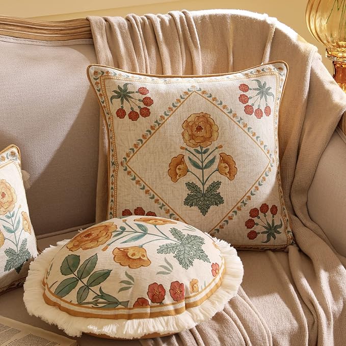 patdrea Designer Throw Pillow Covers for Couch 18"x18",Vintage French Linen Pillows Cover with Daisy Floral Pattern,Beige Luxury Farmhouse Decorative Square Cushion for Bed,Living Room,Outdoor,Car