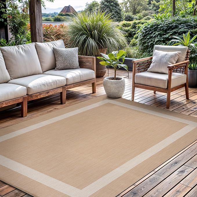 CAMILSON Outdoor Rug 5x7, Modern Outside Rugs for Patios Porches Waterproof Durable Washable Non-Shedding, Easy-to-Clean Indoor Outdoor Area Carpet (5 x 7, Bordered - Beige/White)