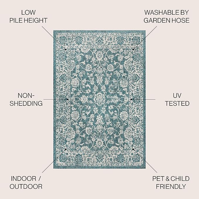 JONATHAN Y Weave Floral Indoor Outdoor Square Area Rug 5X5 Teal/Gray, Tela Bohemian Textured for Backyard, Patio, Porch, Easy-Cleaning, High Traffic, Pet-Friendly, Non-Shedding (SMB100C-5SQ)