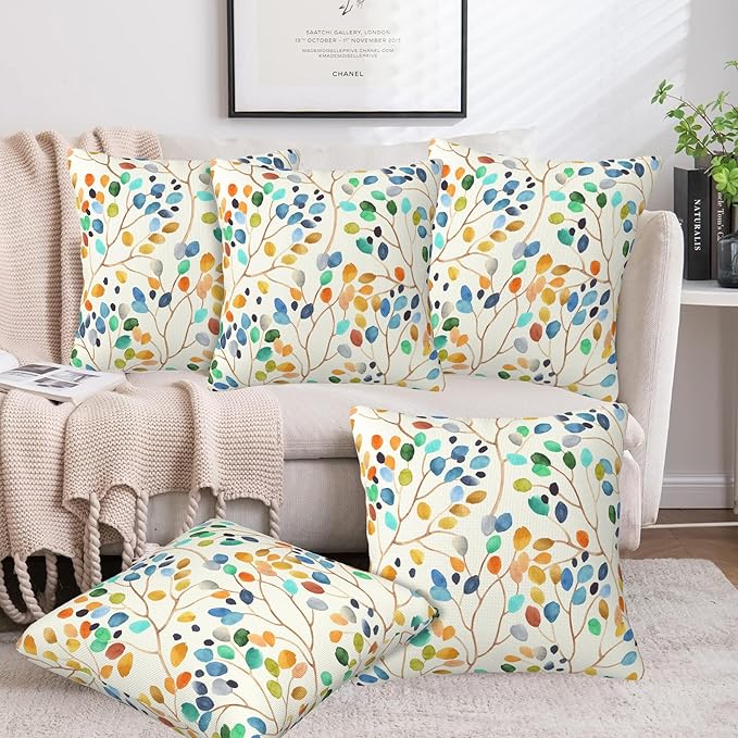 Throw Pillow Covers Colorful Leaves Spots Pillow Covers 18x18 Inch Set of 2 Boho Floral Throw Pillows Decorative Pillow Cases Cushion Covers for Bedroom Livingroom Sofa Farm House