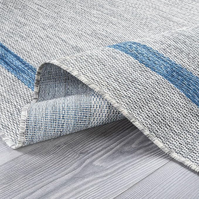 Bordered Outdoor Rug 8x10 Washable Outside Carpet for Indoor Patio Porch Waterproof Easy Cleaning Non Shedding Area Rugs Silver Gray - Blue 8 x 10