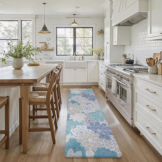 GENIMO Kitchen Mats for Floor, Kitchen Rugs Non Slip Washable, Waterproof Cushioned Anti Fatigue Mat, Floral Runner Rug for Laundry, Sink, Office, Home, 23.6"x71", Sky Blue