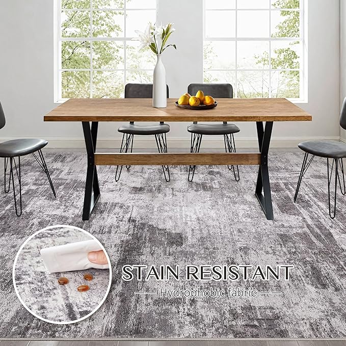Abstract Living Room Rug 9x12 - Modern Washable Soft Thin Area Rug for Living Room Bedroom Under Dining Table - Neutral Indoor Floor Rug Carpets for Home Office Playroom Nursery - Grey