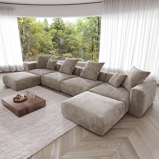 JACH 181" Oversized Modular Sectional Sofa, U-Shaped Deep 4-Seats Sectional Couch with Chaise Ottomans, Huge Plus Convertible Sofas, Corduroy Minimalist Couches for Living Room, Light Brown
