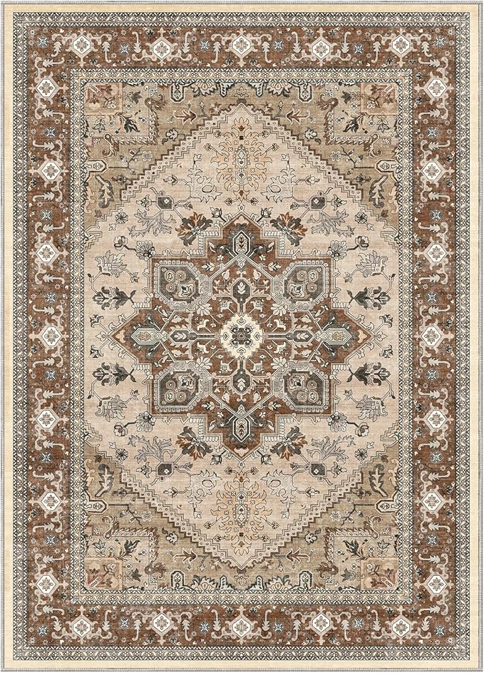 OPPODREAM Thin Area Rugs 4x6, Low-Pile Washable Rugs 4x6 with Non Slip Backing, Faux Cashmere 4 x 6 Throw Carpet, Brown