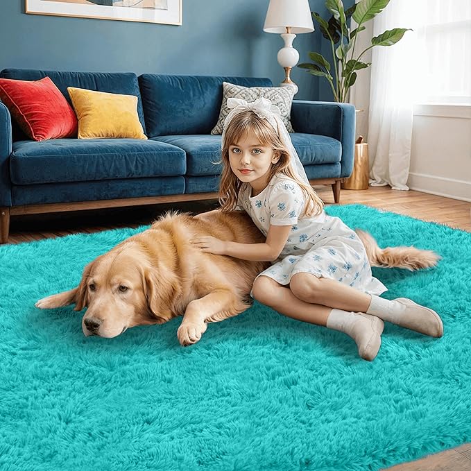 4x6 Area Rugs for Living Room Rug: Soft Fluffy Shag Teal Blue Rugs for Bedroom, Non-Slip Large Fuzzy Plush Rug Indoor Floor Carpet for Nursery Kids Boys Girls Room, Dorms, Playroom, Modern Home Decor