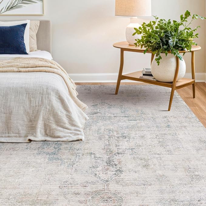 Light Blue Area Rugs 8x12 for Living Room - Abstract Medallion Blue Gray Rug for Bedroom, Dining Room Under Table, Washable Non Slip, Fade & Stain Resistance