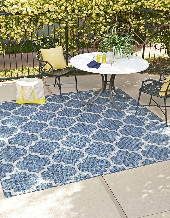 Unique Loom Outdoor Trellis Collection Area Rug (10' Square Navy Blue/Ivory)