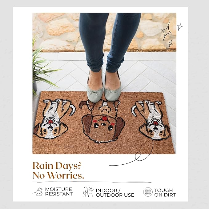Coir Door Mats 17" X 30", Non-Slip Sturdy, PVC Backed Heavy Duty, Easy to Clean, Ideal for Door Entrance, Patio, Porch, Backyard, Garages, The 3 Cute Musketeer Puppies