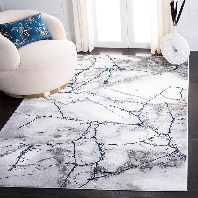SAFAVIEH Craft Collection Area Rug - 4' Square, Ivory Grey & Blue, Modern Abstract Design, Non-Shedding & Easy Care, Ideal for High Traffic Areas in Living Room, Bedroom (CFT877M)