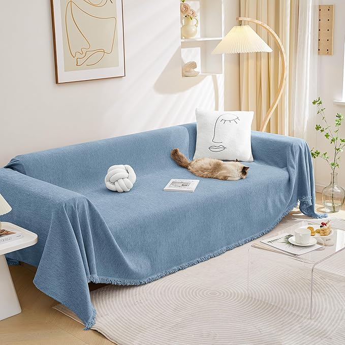 MEETSKY Blue Couch Covers for 3 Cushion Couch Sofa, Oversized Couch Cover Sectional L Shape Chenille Sofa Covers Washable, Sofa Throw Couch with Tassel, 71"x 150"