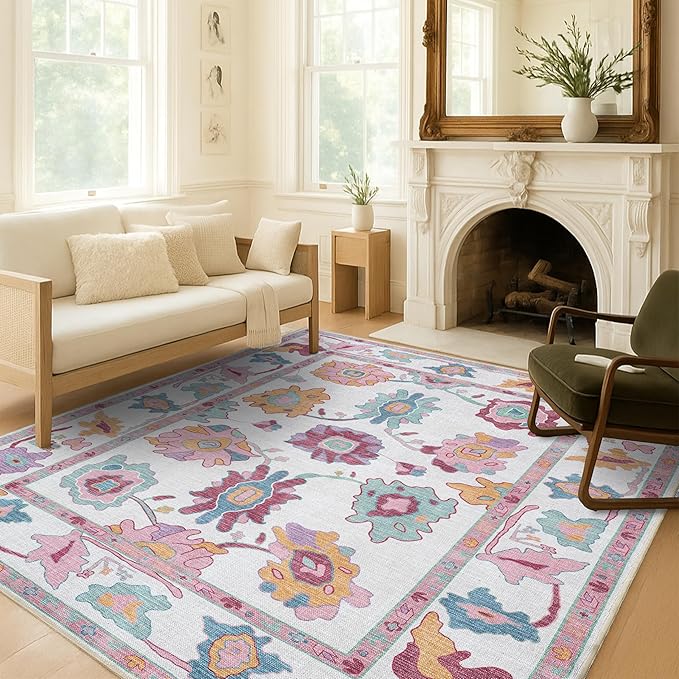 Fame Living Pink Oushak Rug, Modern, Vintage, Turkish, Eclectic, Floral, Pastel, Washable, Area Rugs for Living Room, Dining, Bedroom, Office, Entryway, Foyer, Playroom, Nursery, 5'x6'9"