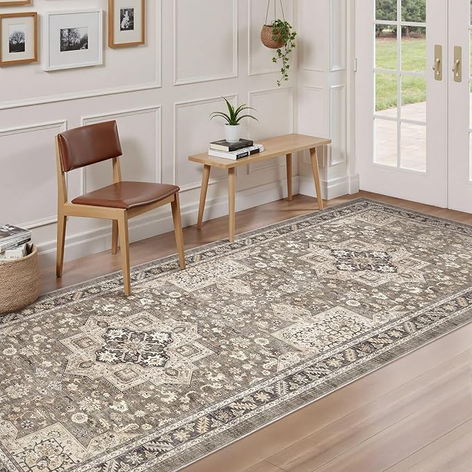 Vintage Hallway Runner Rug 3x8: Large Soft Washable Entryway for Kitchen Laundry Room Non-Slip Backing Runner for Entrance Living Room Bedroom Bathroom - Brown