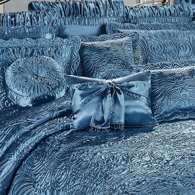 Touch of Class Portia Luxury Bedding | Sapphire | Quilted Polyester Satin | Romantic Hand Guided Machine Quilted Scroll Design 7 Piece Set with Full Bedspread, 2 Standard Shams, 4 Pillows