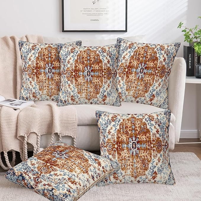 Ethnic Boho Throw Pillow Covers Set of 2 Rug Boho Style Ethnic Design Pillow Covers 20x20 Inch Modern Farmhouse Home Decorative Pillow Cases Cushion Cover for Sofa Living Room Office