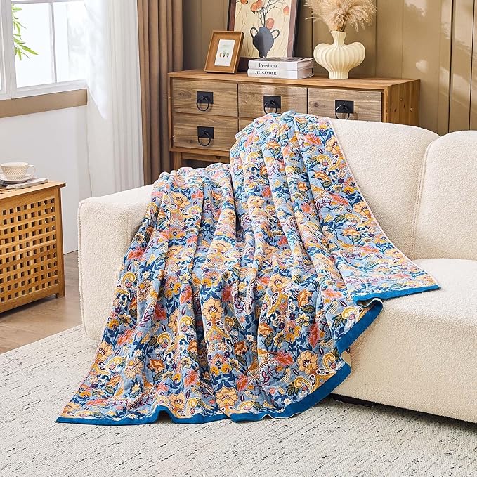 Blue Orange Fall Blanket 60"x 80" Boho Throw Blankets for Couch Bed Chair, 100% Cotton Quilts Warm Soft Blanket Muslin Bed Blankets Home Decor Farmhouse Warm Throws Gifts for Women Mom