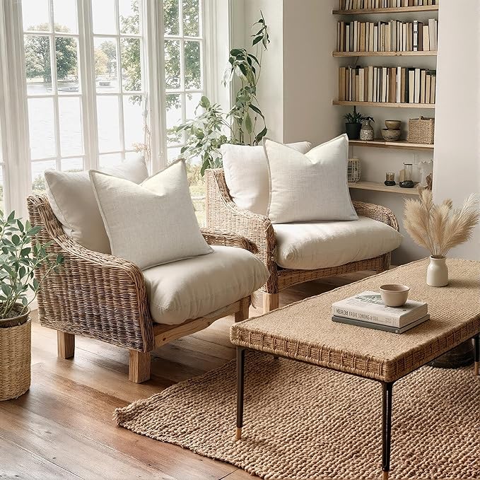 MIULEE Decorative Pillow Covers 18x18, 2 Pack Boho Farmhouse Neutral Throw Pillows for Couch, Thick Textured Modern Linen Cushion Cases Sofa Bed Living Room Home Decor, Cream White